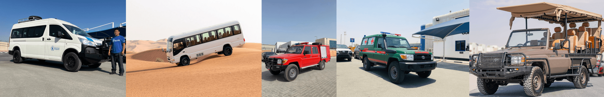 RescueRide vehicle fleet including ambulances, mobile clinics, rescue vehicles and mining equipment